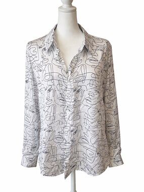 Boheme Abstract Line Art Button-Up Blouse in White and Black